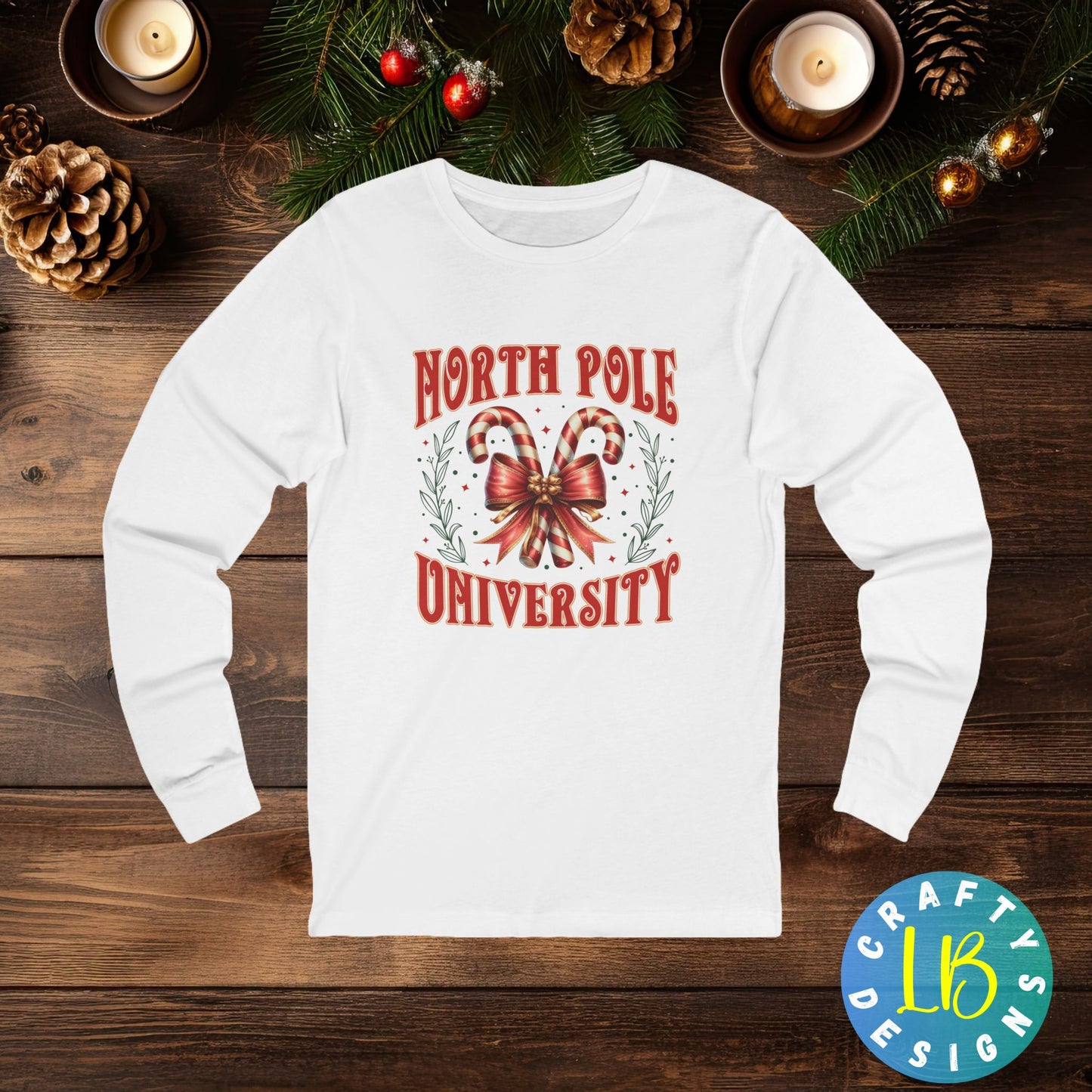 North Pole University Christmas Long Sleeve Tee, Holiday Graphic Tee, Festive Winter Shirt, Christmas Gift, Bella Canvas Tee