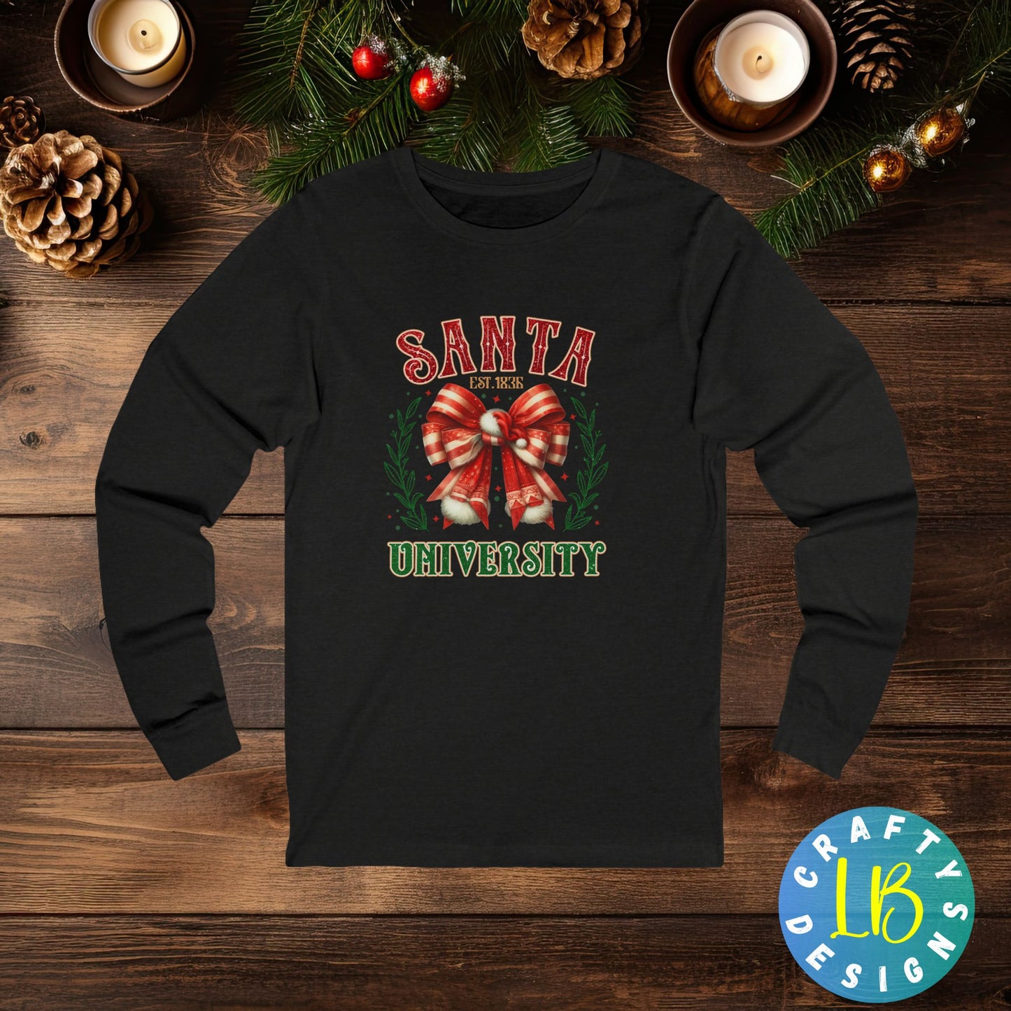 Santa University Christmas Unisex Jersey Long Sleeve Tee, Holiday Graphic Shirt, Bella Canva Tee, Festive Long Sleeve Top, Christmas Shirt