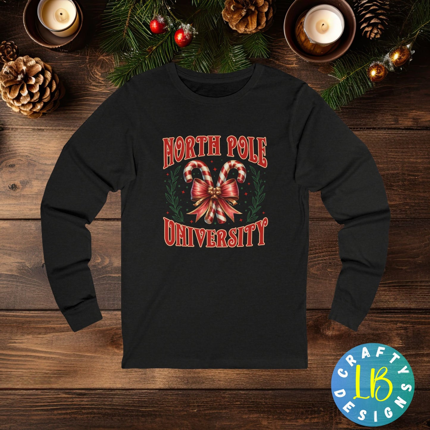 North Pole University Christmas Long Sleeve Tee, Holiday Graphic Tee, Festive Winter Shirt, Christmas Gift, Bella Canvas Tee